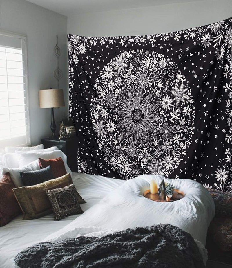 Neasow Bohemian Tapestry Wall Hanging, Black and White Floral Tapestry with Dotted Daisy Medallion Print Bedroom Boho Hippie Home Decor, 60x80 inches - Image 3